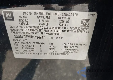 2013 Chevrolet Equinox 1Lt from USA, damaged, VIN 2GNALDEK5D1194247